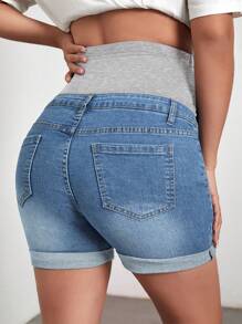 SHEIN Maternity Contrast Color Slim Pocket Casual Denim Shorts For Summer - Light Wash - View 2