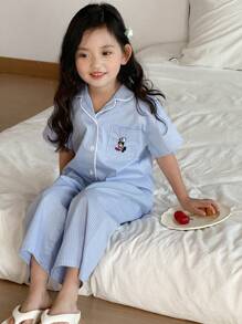DAZY 女童格子短袖衬衫和裤子家居服套装，春夏款 - 藍色 - 查看 5