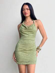 Aloruh Vestido elegante de mujer con escote de halter, espalda descubierta y mini falda en color verde menta, con textura de jacquard
