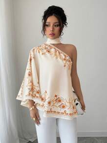 SHEIN Unity 女式优雅印花蝙蝠袖不对称下摆系带衬衫 - 杏色 - 查看 4