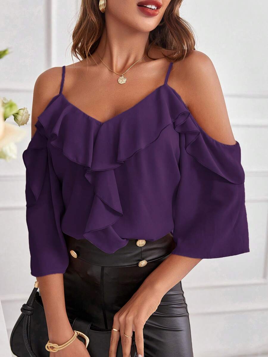 SHEIN Clasi 女士纯色露肩荷叶边春季衬衫 - 紫色 - 查看 1