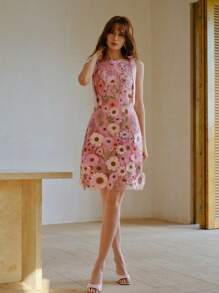 MOTF PREMIUM VESTIDO CORTO CON HOMBROS AL DESCUBIERTO, BORDADO FLORAL Y LAZO DE TELA DE TUL - Rosa - Ver 4