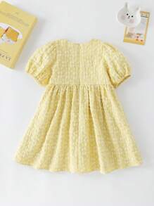 PrepCrw Young Girls Yellow Stand Collar A-Line Mini Dress With Jacquard Pattern, Puff Sleeves And Elastic Waist, Spring/Summer