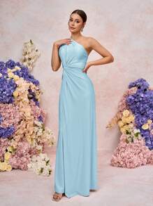 SHEIN Belle Abito da damigella d'onore delle donne, tessuto a maglia elastico, design a spalla unica con treccia, linea A morbida