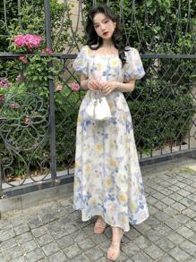 DAZY Robe mi-mollet à col carré et manches courtes avec imprimé floral épars pour femmes, style bohème printemps/été - Multicolore - Voir 2