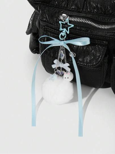 Kawaii 1 pièce Porte-clés et pendentif de sac stylé, mignon, frais et de style universitaire avec nœud papillon en résine bleue, étoile et pompon en peluche de lapin. Convient aux femmes, à un port quotidien et en tant que cadeau de vacances.