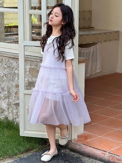 DAZY 2pcs/Set Girls Tween Girl Fall Outfit - Short Sleeve T-Shirt And Dress,Back To School Clothes