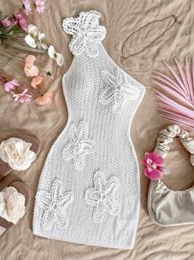 Soleia 大码女式3D花朵装饰无袖针织直筒连衣裙，适合度假穿着 - 白色 - 查看 5