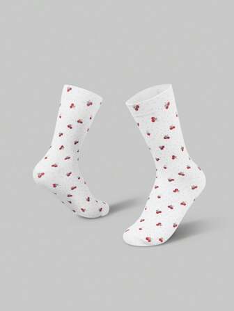 Kawaii 1 pièce Chaussettes mi-mollet femme mignonnes à pois rouges et cerises #1515266