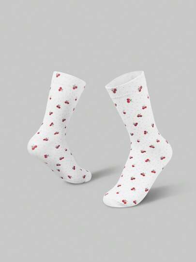 Kawaii 1pc Cute Red Polka Dot Cherry Women's Mid-Calf Socks #1515266