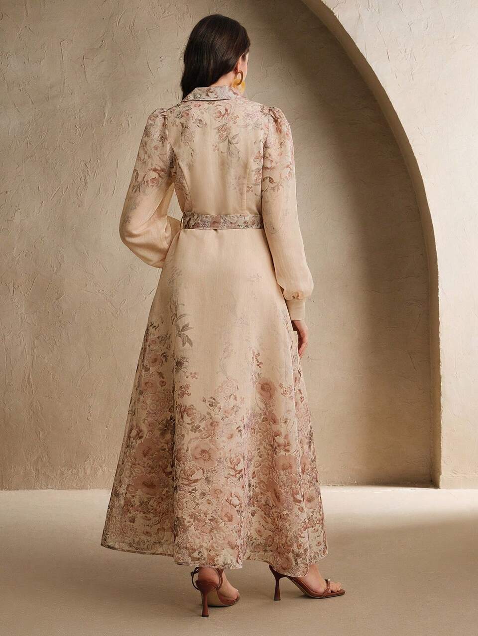 Elegant Floral Print Collared Puff Sleeve Dress For Women, Spring To Summer