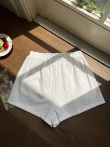 SHEIN EZwear 夏季宽松休闲白色系带腰斜口袋棉麻短裤 - 白色 - 查看 2