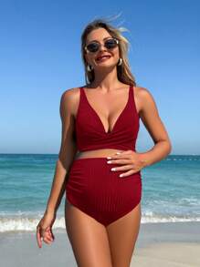 SHEIN Conjunto de bikini de maternidad con diseño de cruce, para playa y vacaciones de verano - Burdeos - Ver 3