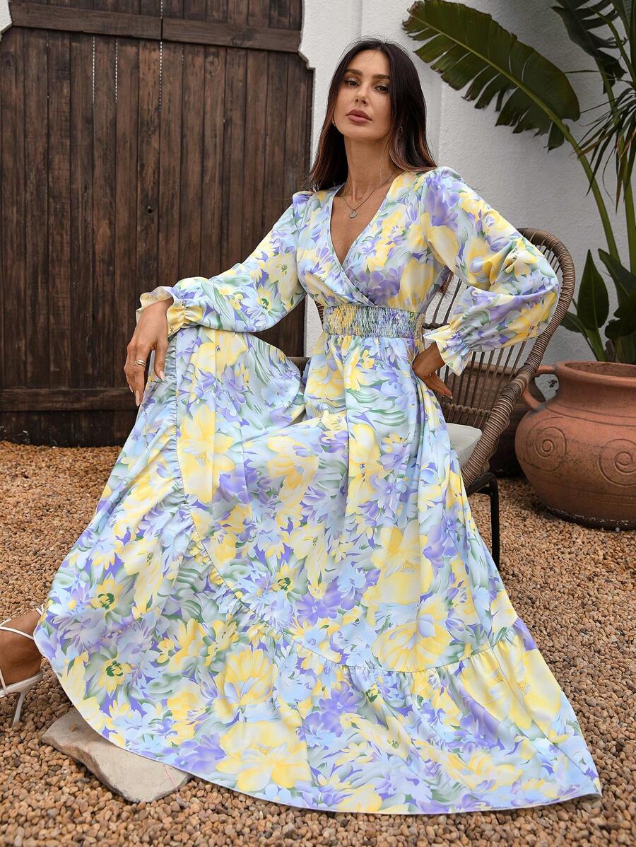 EMERY ROSE Women's Plant Print Wrap Waist Midi Dress Maxi Women Outfit Fall Cloth For Women