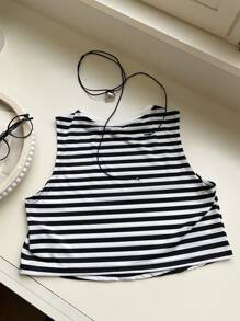 SHEIN EZwear Striped Crop Tank Top - Black and White - View 3