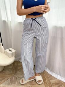 SHEIN بنطلون نسائي كاجوال مستقيم الساق مزين بفيونكة، خصر مطاطي، ذو خطوط عمودية، مناسب للموسم الانتقالي بين الخريف والشتاء - ازرق وابيض - مشاهدة 3