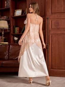 SHEIN Camisón largo de seda sintética elegante con encaje asimétrico y parches de color contrastante sin mangas, vestido de pijama de mujer para uso en el hogar de lujo - Champán - Ver 2