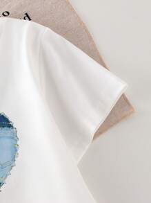 Wildeya Conjunto casual de 2 piezas para niñas pequeñas, camiseta blanca de manga corta con moño y pantalones acampanados de aspecto de jean azul de punto, conjunto de verano lindo