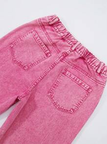 SHEIN Explorewe Pantalones vaqueros de estilo casual y urbano Y2K para adolescentes, lavado azul claro desgastado con bordado de estrella, cintura elástica, corte holgado - Rosa Fucsia - Ver 4