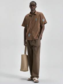 Ontre 2025年夏季男士服装，日常休闲刺绣纽扣短袖衬衫，适合独立日、圣约翰节、毕业典礼、日常穿着，可爱的夏季上衣T恤，男士海滩度假 - 棕色 - 查看 7