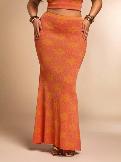 SHEIN BAE Plus Size Women Orange Knit Skirt, Minimalist Fashion Casual Everyday Wear Valentine Day Vacation Woman Summer Beach Skirt For Woman Jacquard Low-Rise Maxi Skirt