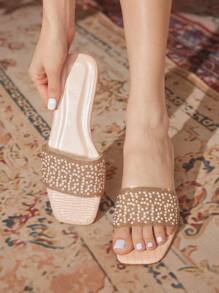 CUCCOO TILAWA Zomerse casual damesmode, antislip, slijtvast, vierkante neus, sprankelende kristallen pareldecoratie, slippers
