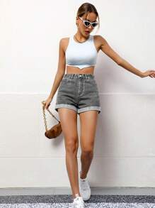 休闲洗水高腰卷边牛仔短裤 - 淺灰色 - 查看 8