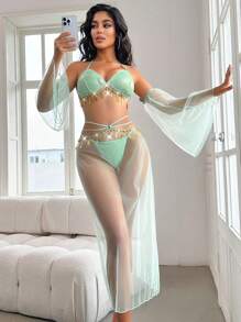 SHEIN 5 件套异国风情性感女士内衣套装 - 无钢圈文胸、丁字裤、迷你裙、袖套，适合外出穿着 - 綠色 - 查看 6