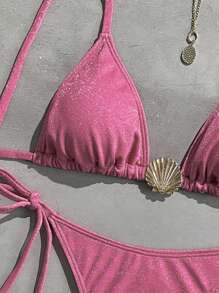 Swim Vcay Women's Shiny Fabric Halter Neck Shell Decor Sexy Pink Bikini Set For Summer Beach Vacation - Hot Pink - View 3