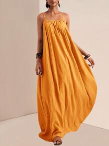 Zivah 2025 年夏季新品音乐节、复活节、圣帕特里克节、西部、游牧、生日派对、毕业典礼、学生、日常穿着、多功能休闲、度假、邮轮旅行、海滩、日光浴、病毒无袖可调节肩带纹理宽宽松卡其色女式连衣裙 - 橘色 - 查看 5