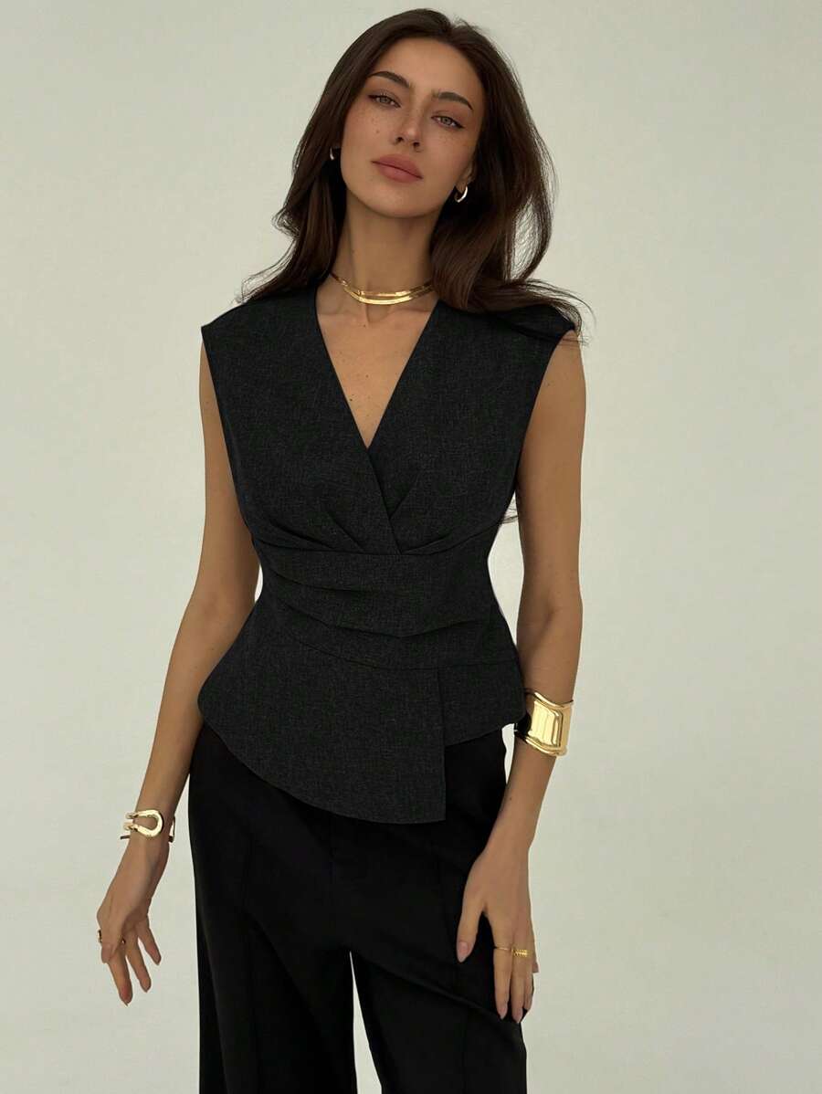 Aloruh Áo chui đầu cổ chữ V tối giản màu trơn thanh lịch, thắt eo, viền bất đối xứng, tay áo bo gấu, thiết kế chéo phía trước, màu xám - màu đen - Xem 1