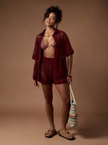 MISSGUIDED Crochet Shirt And Shorts Two Piece Co Ord Beach Set - Redwood - View 3