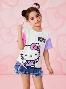 HELLO KITTY AND FRIENDS | SHEIN Young Girl Cute Cartoon Pattern Colorblock Casual Summer Loose Short Sleeve T-Shirt - Multicolor - View 3