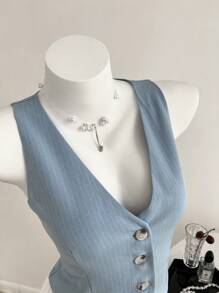 SHEIN Unity Áo khoác vest vest nữ xuân/hè cổ chữ V, màu tương phản, nhiều lớp giả, thắt eo - Nhiều màu - Xem 1