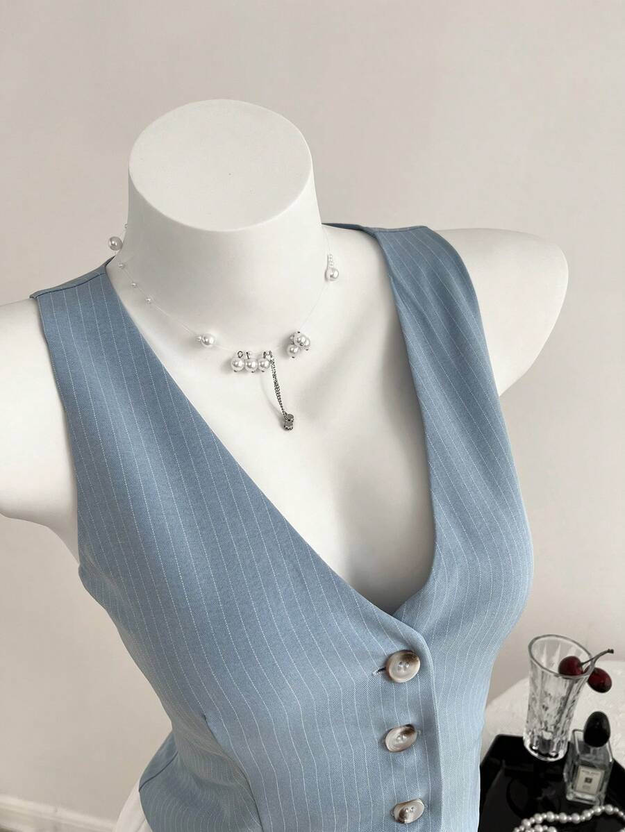 SHEIN Unity Áo khoác vest vest nữ xuân/hè cổ chữ V, màu tương phản, nhiều lớp giả, thắt eo - Nhiều màu - Xem 1