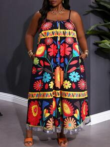 SHEIN CURVE+ 大码假日休闲全身花卉印花吊带裙夏季/乡村/海滩度假装/沙滩装/沙滩装