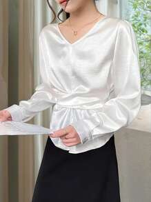 INAWLY Damen Elegante Satinbluse mit Schleifen-Dekor, Schlankheitsdesign - Weiss - Übersicht 4