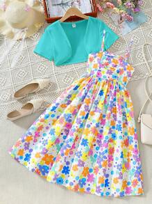 Tween Girl Dopamine Floral Print Maxi Cami Dress With Solid Color Shrug Cardigan
