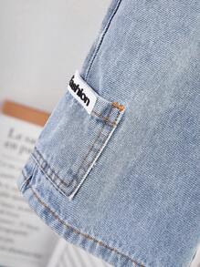 SHEIN Young Boy Summer Retro Casual Patch Loose Fit Baggy Blue Denim Shorts With Side Pocket For Kids Clothes Boys Costume Dailywear And Kids Four Seasons Clothes