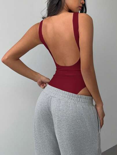 SHEIN BASICS Women's Casual Solid Color Backless Bodysuit