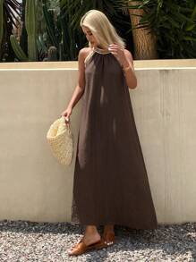 DAZY Vestido de lino de longitud media sin tirantes minimalista para vacaciones de verano de mujer - Marrón - Ver 7