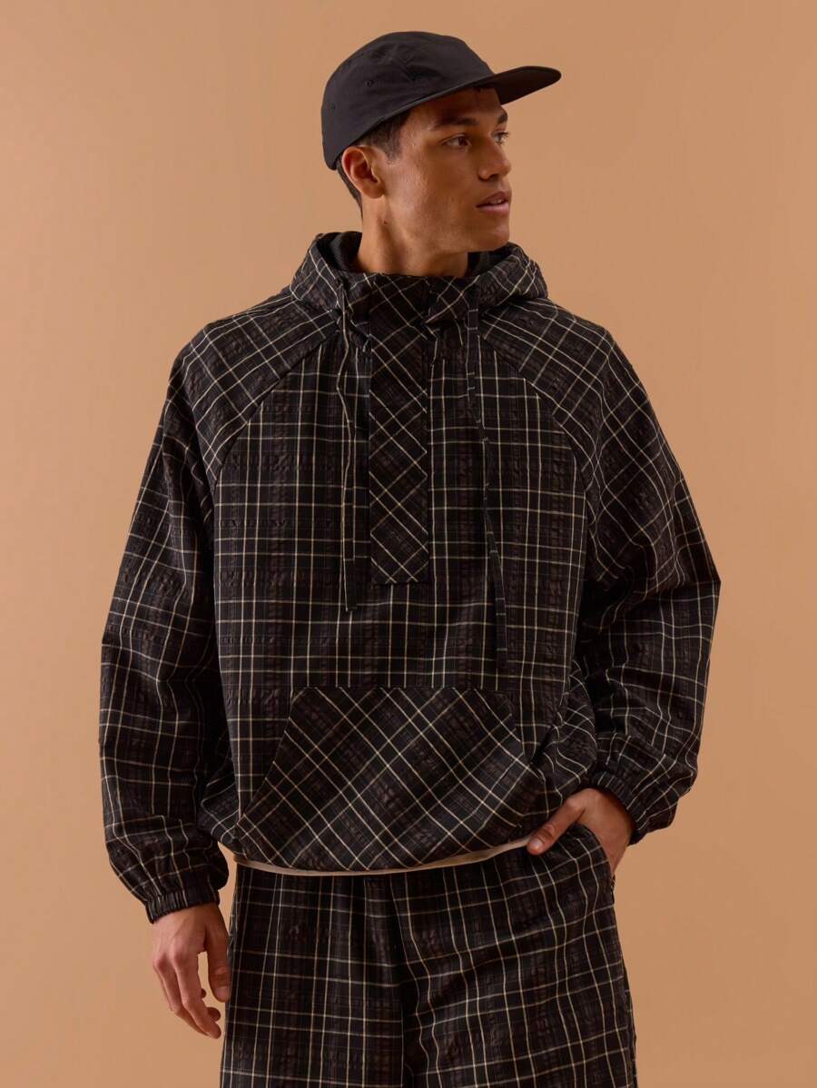 Musero 男士格纹超大高领连帽前口袋夹克春夏假日度假 - 黑色 - 查看 1