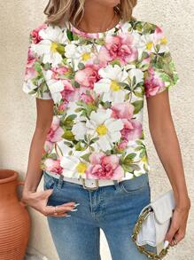 SHEIN Clasi Camiseta holgada con estampado de flores de hibisco y mangas huecas para mujeres, ligeramente transparente, adecuada para regalos de verano para la madre, vacaciones relajadas, primavera, estilo bohemio, vacaciones - Multicolor - Ver 7
