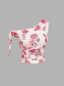 SHEIN MOD Asymmetrical Shoulder Floral Van Gogh Painting Blurry Flower Print Mesh Romantic Vacation Stretch Plus Size Top, Summer Tops, Tube Tops - Multicolor - View 5