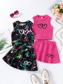 Conjunto de camiseta de manga corta con cuello redondo y falda mini de moda para niña joven en verano - Multicolor - Ver 6