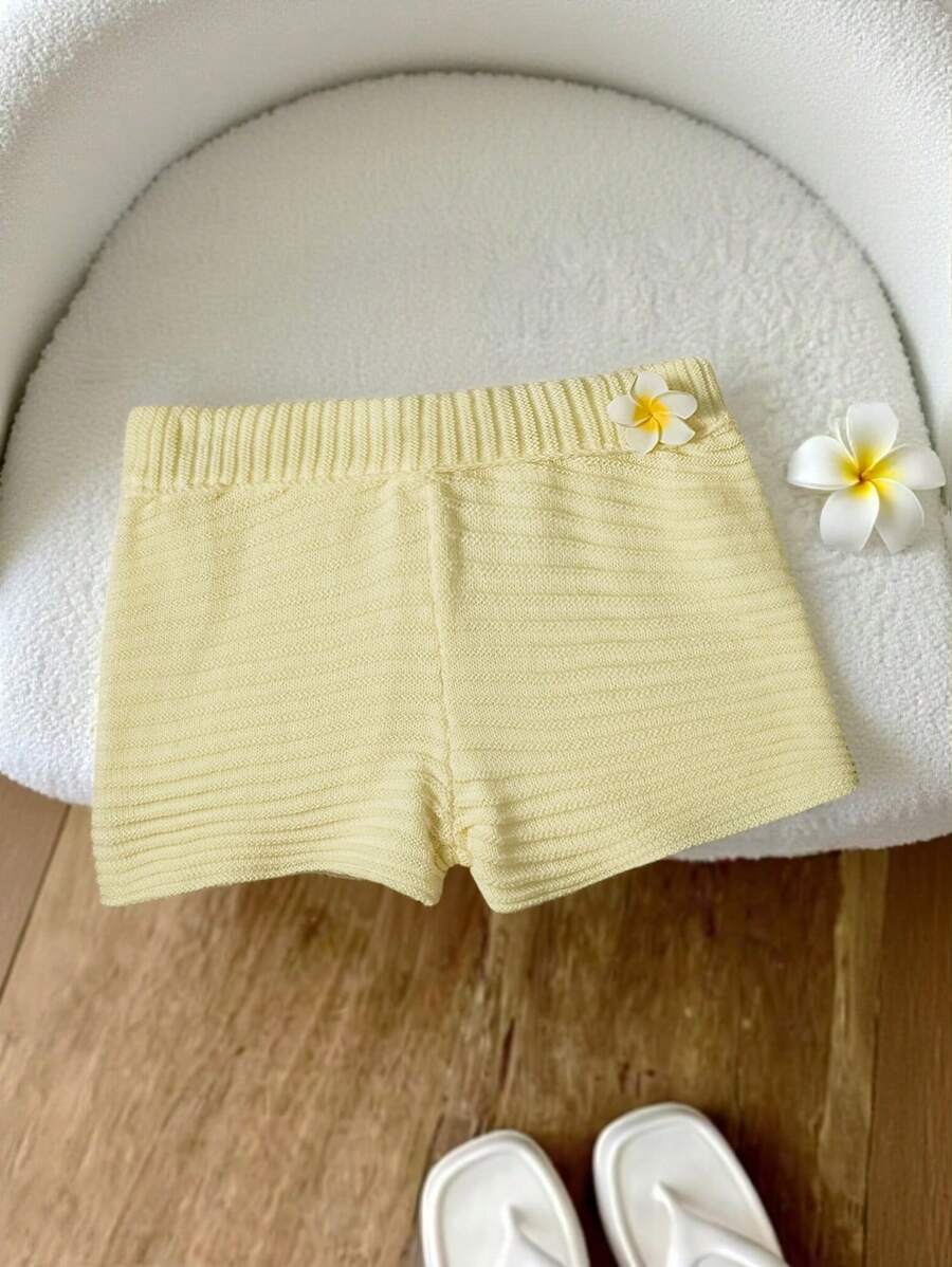 Sweetra Neue einfarbige Blumen Dekor Urlaubs-Häkel-Strick Shorts