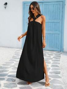 Vivid Eden Spring & Summer Vacation Halter Split Beach Dress,Women Summer Clothing,Vacation Style Vacation Dress - Black - View 6