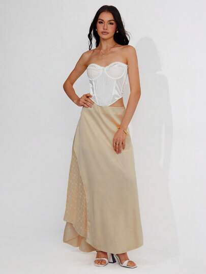 Roylia Women's Spring/Summer Fashion Satin & Contrast Lace Versatile All-Match Skirt