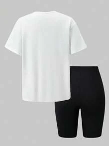 SHEIN Explorewe 2pcs/Set Teenage Girls Fashion Street Graffiti Print Comfortable Short Sleeve T-Shirt And Skinny Shorts Set, Casual Outfit Clothes For Black Girls Cute Outfit Bundles For Teen Girls, School, Campus, College - White - View 3