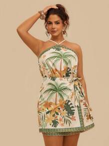 Travachic Plus Size Women Tropical Print Wrap Tie Neck Sleeveless Dress, Summer Beach Vacation Style Women Short Dresses Summer Women Summer Clothing Woman S Summer Clothes Women Summer Sets Women S Clothes,Summer Dresses For Women
